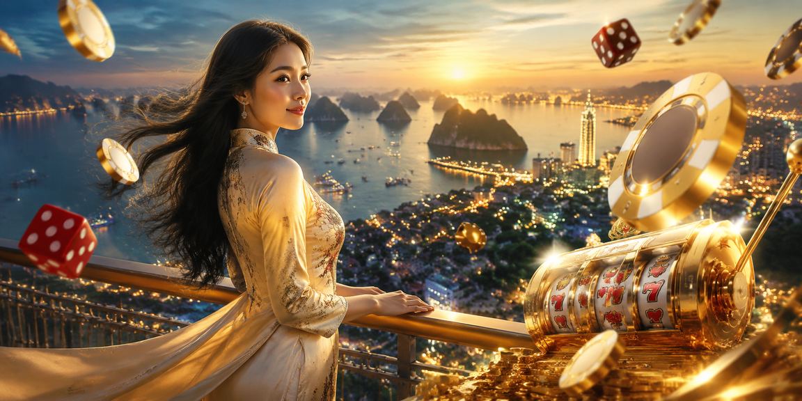 Cảnh vịnh Hạ Long về đêm, người mặc áo dài trải nghiệm casino trực tuyến trên điện thoại